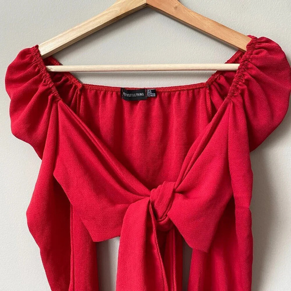 PrettyLittleThing Women's Size 2 Puff Long Sleeve Tie Bow Crop Top Blouse Red - Picture 5 of 16